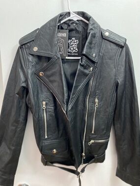 Marcella Real Leather Biker Jacket - Black Moto Zip Coat Small